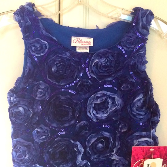 NWT Formal Dress Royal Blue with Ribboned 3 D flowers and purple sequins - Picture 2 of 8